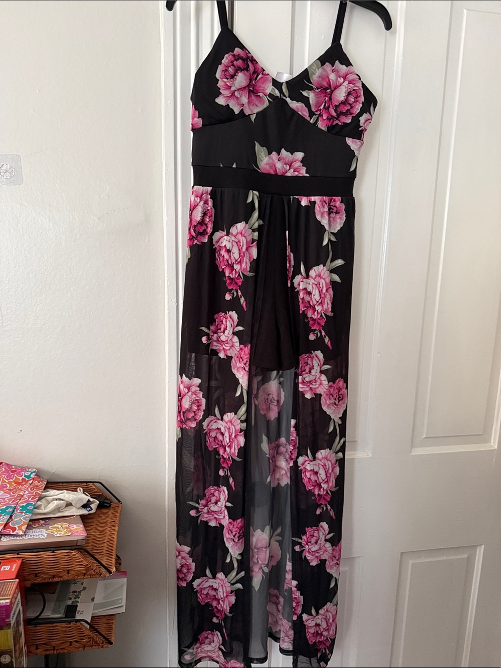 No Boundaries Black Maxi Dress with Pink Floral Print